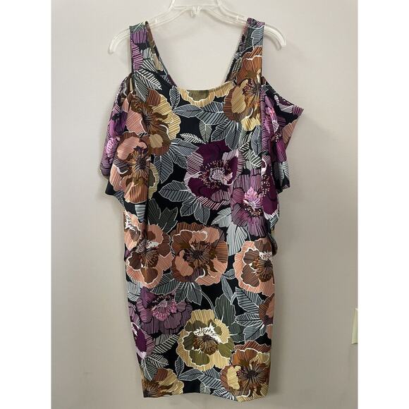 August Silk Havana Floral Dress NWT Cold Shoulder Cap‎ Sleeve Size Large - Picture 1 of 9